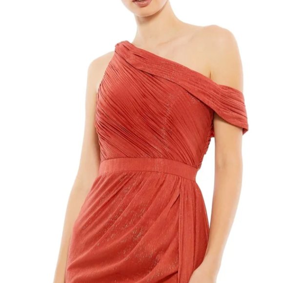 MAC DUGGAL DRAPED ONE SHOULDER CHIFFON CRIMSON RED THIGH SLIT GOWN sz 10 - Picture 3 of 5